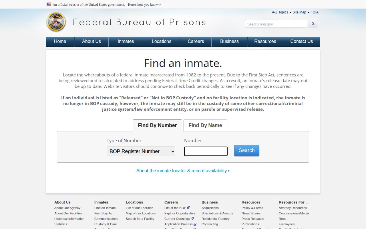 BOP Inmate Locator number and name search for a Federal Satellite Low Elkton record