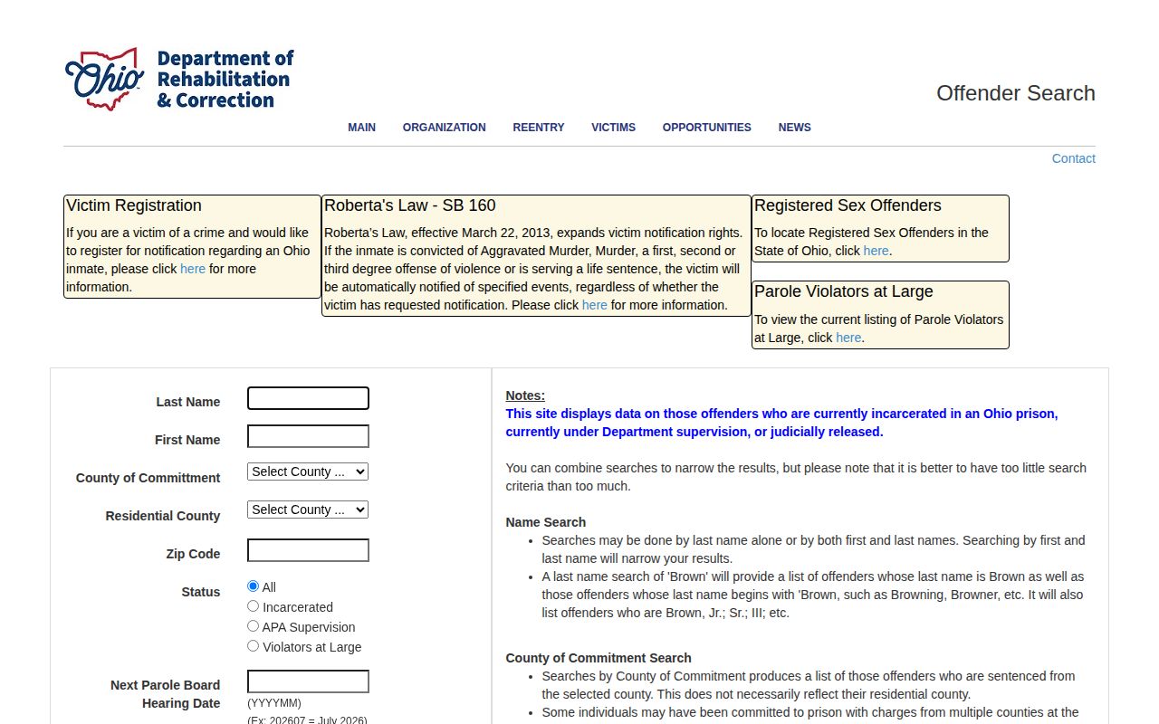 Columbiana County released inmate status and county controls in ODRC search