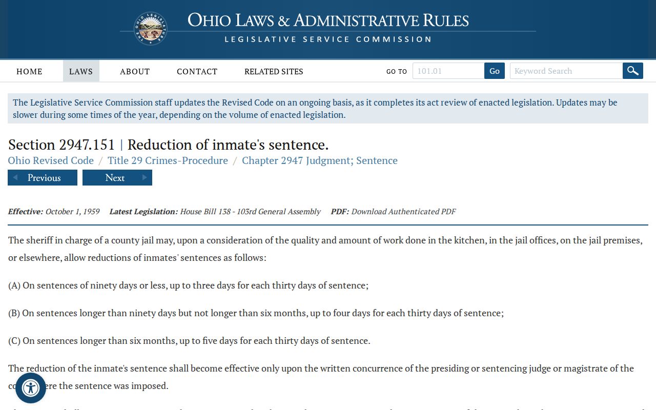 Ohio county jail work-credit law with graduated scale and written concurrence