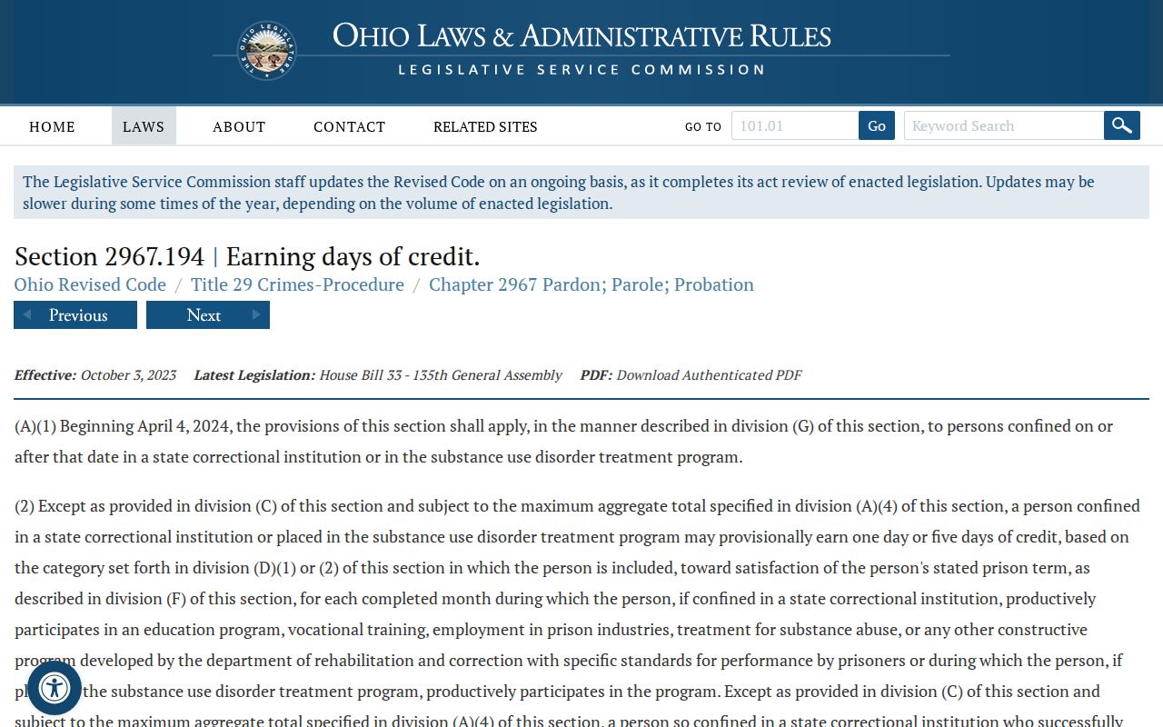 Ohio Revised Code section 2967.194 earned-credit rules and cap