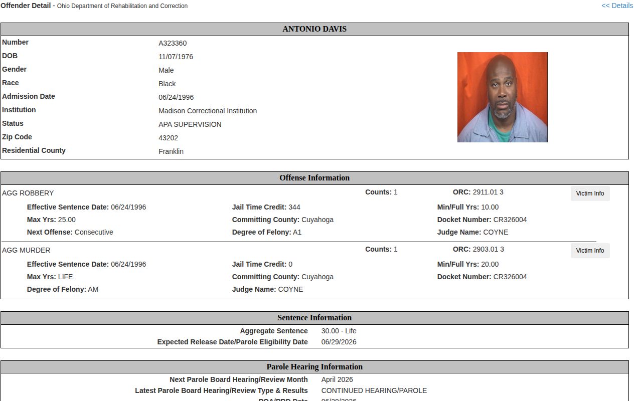 Ohio ODRC offender detail showing status and APA supervision fields