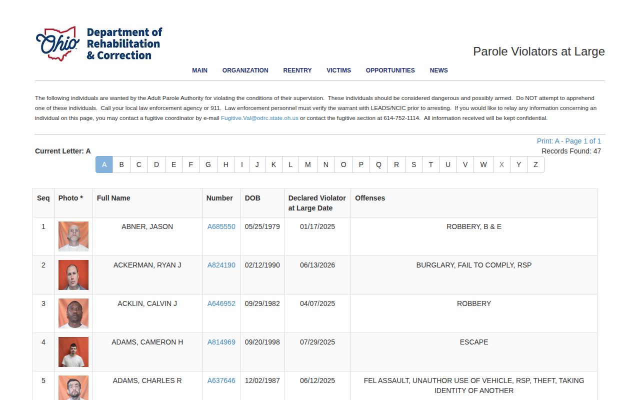 Ohio Parole Violators at Large page with declared date and verification warning